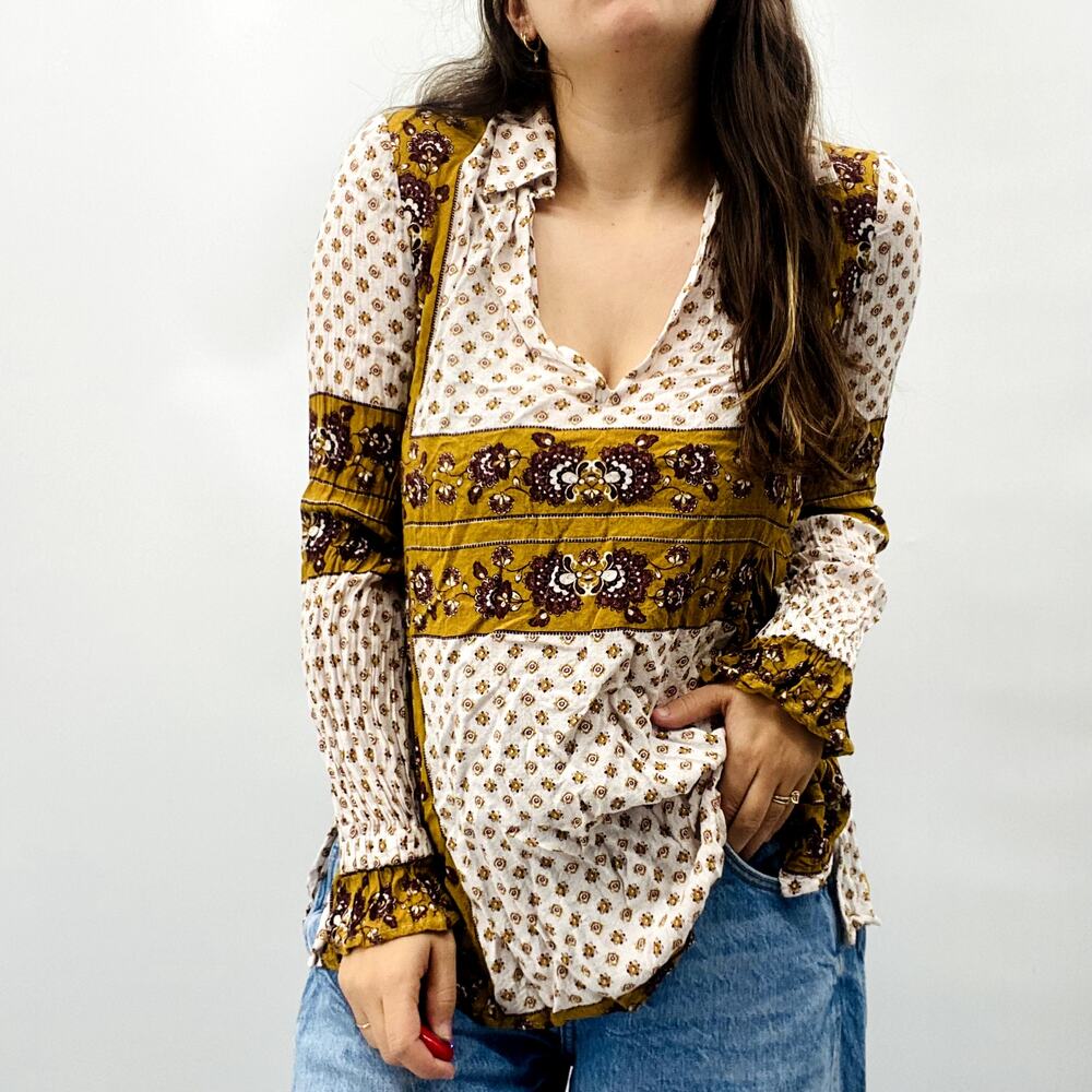 Free people XS yellow floral long sleeve blouse